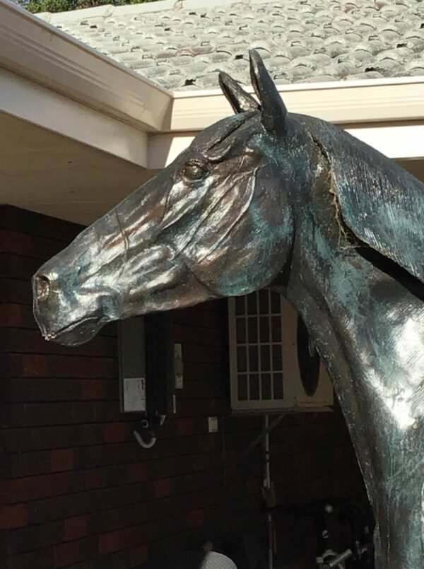A bronze sculpture of a horse by master sculptor Robert C Hitchcock, displayed in front of a house. Bronze Sculpture by Artist and Master Sculptor Robert C Hitchcock