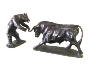 A pair of Bronze sculptures of Bear and Bull, crafted by artist Robert C Hitchcock. Bronze Sculpture by Artist and Master Sculptor Robert C Hitchcock