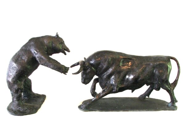 A pair of Bear and Bull sculptures by Master Sculptor Robert C Hitchcock, an acclaimed artist in the field of Bronze Sculpture. Bronze Sculpture by Artist and Master Sculptor Robert C Hitchcock