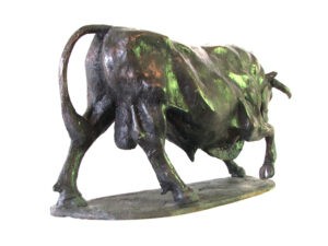 A Bull Sculpture on a white background created by Master Sculptor Robert C Hitchcock. Bronze Sculpture by Artist and Master Sculptor Robert C Hitchcock