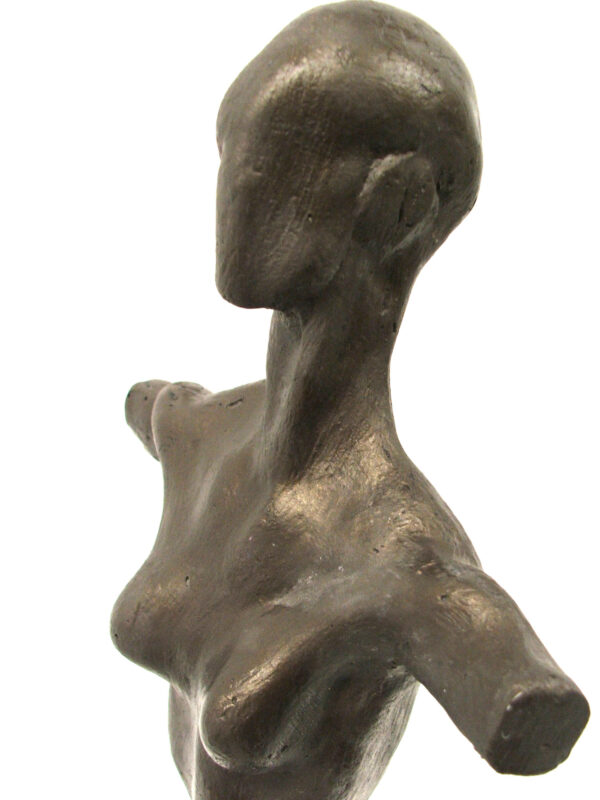 An Abstract Bust by Artist and Master Sculptor Robert C Hitchcock features a woman on a white background. Bronze Sculpture by Artist and Master Sculptor Robert C Hitchcock