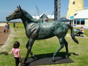 Life-size bronze sculpture of horse, Northerly, in Busselton, Western Australia
