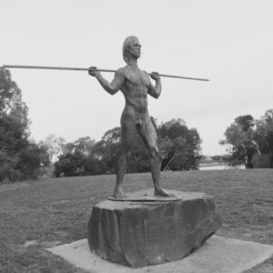 Bronze statue of Yagan, an Aboriginal Australian, on Heirissen Island - by Sculpton Robert C Hitchcock