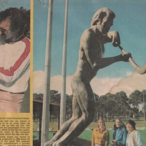 Over-life-size bronze hockey player at Perth Hockey Stadium by Sculptor Robert C Hitchcck