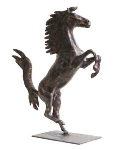 A bronze sculpture on white background of a Tribute to The Ferrari Horse, created by artist and master sculptor Robert C Hitchcock.